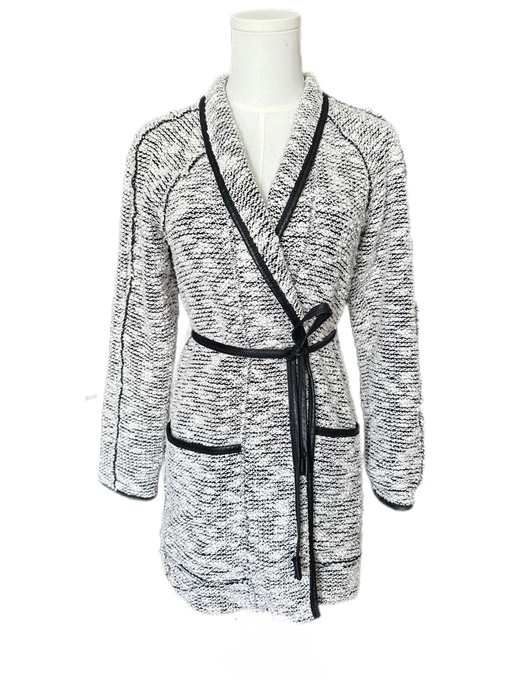 Rebecca Taylor Bouclé Tweed Faux Leather Trim Belted Coat Size 2